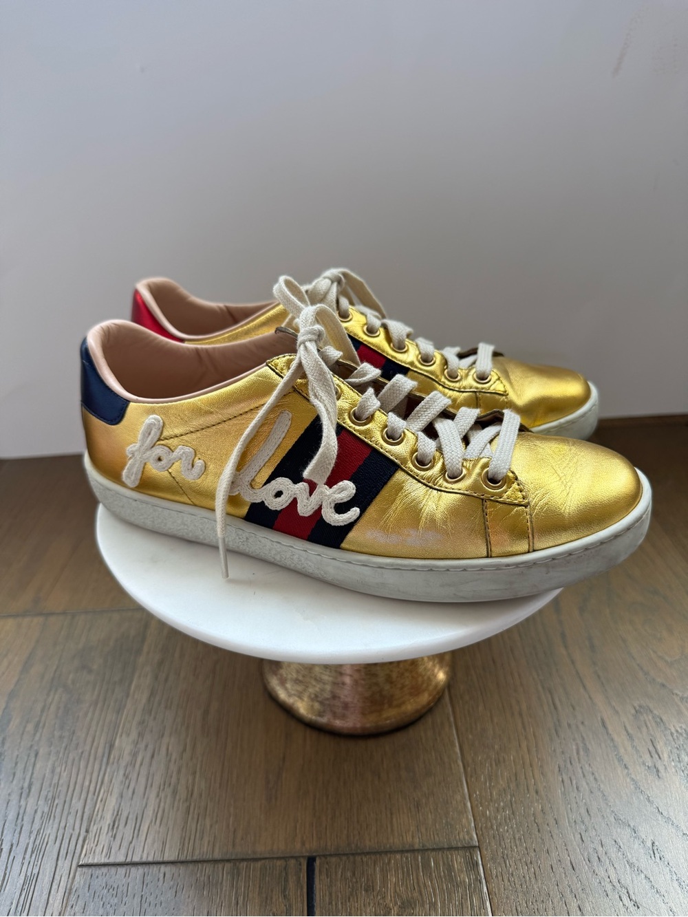 Gucci Ace Blind for Love Gold Metallic Sneakers Size 37
